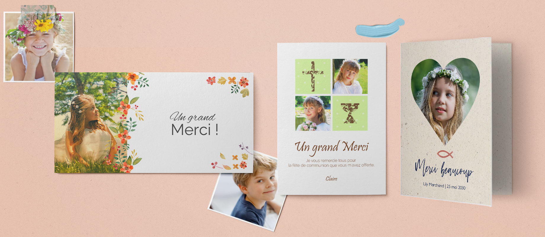 Cartes de remerciement commnunion avec des fleurs ou des symboles religieux.