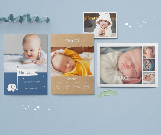 Trois cartes de remerciements naissance personnalisées avec des photos de bébé.