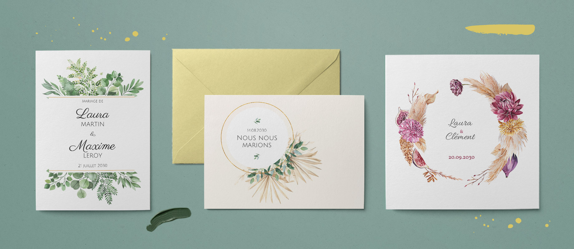 Trois cartes d'invitation mariage personnalisés avec des fleurs et des plantes sur papier blanc ou beige