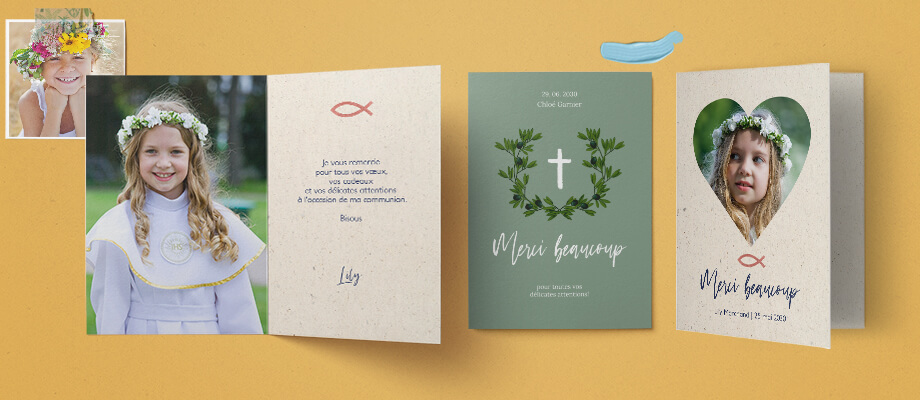 Trois cartes de remerciements communion personnalisées avec des textes et photo ainsi que des symboles religieux.