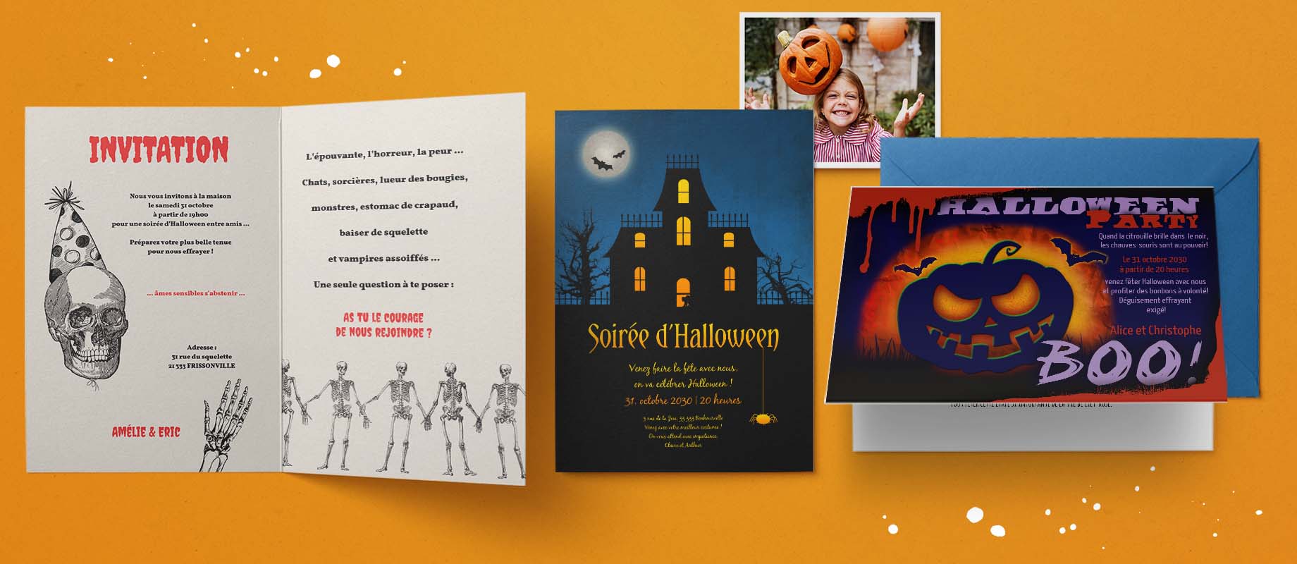 Cartes d'invitations de fête d'Halloween avec aux designs effrayants avec des citrouilles et des squelettes