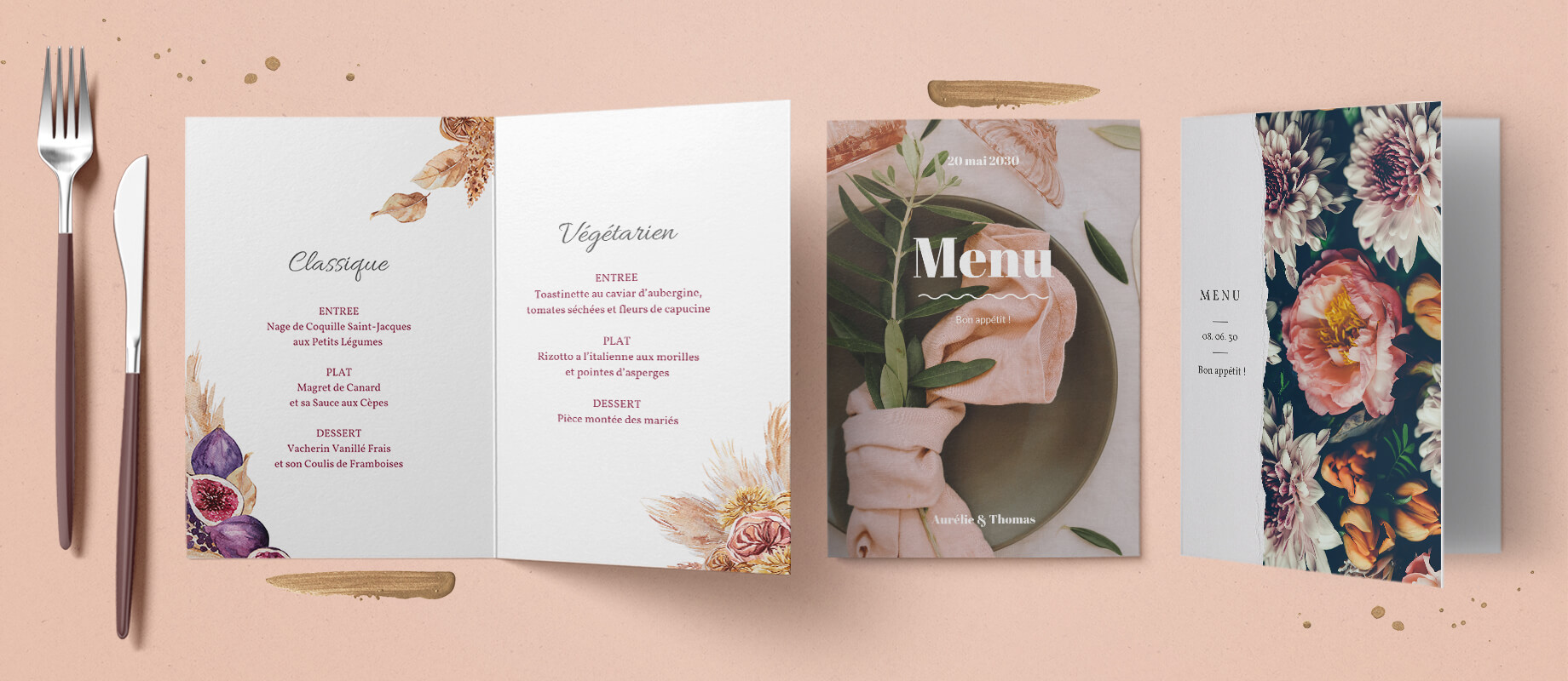 Trois cartes de menu mariage aux motifs floraux sur papier blanc