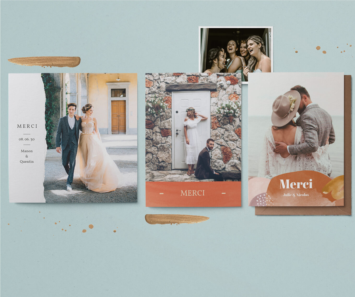 Trois faire-part de mariage classiques ou colorés, personnalisés avec des photos et textes