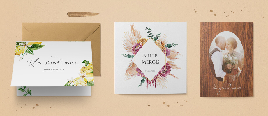 Trois cartes de remerciement mariage aux designs originaux : bois, citronnier ou fleurs des champs