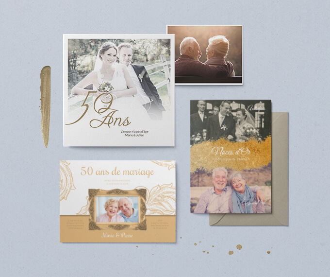 Trois cartes d'invitation noces d'or avec photos, textes et textes dorés