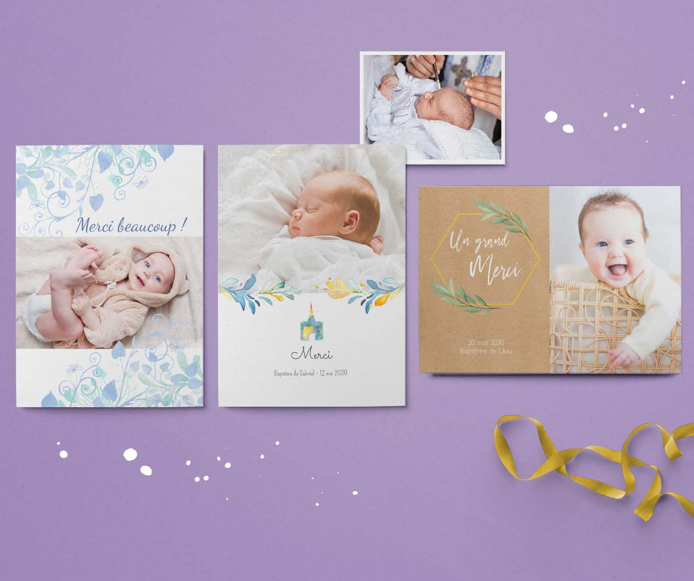 Trois cartes de remerciement de baptême sur papier blanc ou kraft avec des motifs floraux et des photos de bébé. 