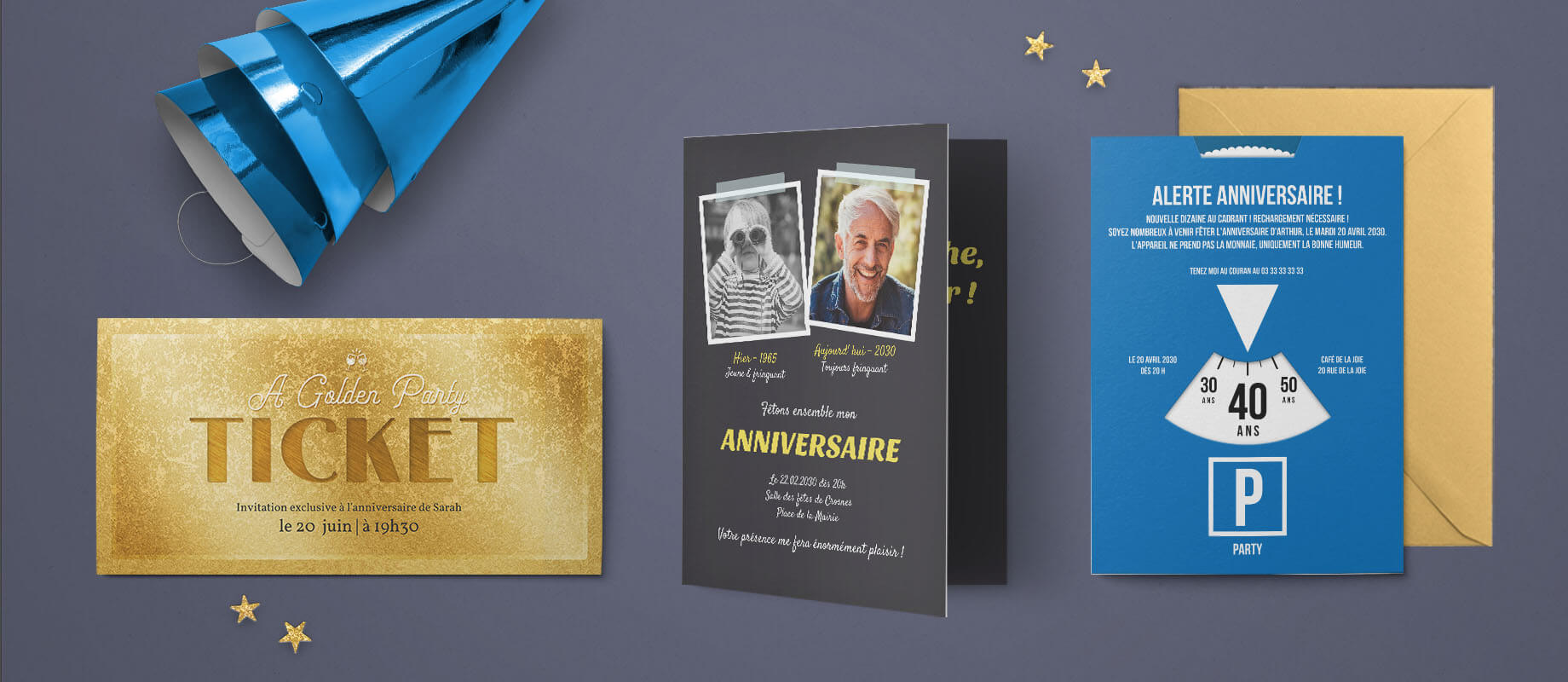 Trois invitations d'anniversaire personnalisables avec photo sur designs de ticket d'or et d'horodateur.