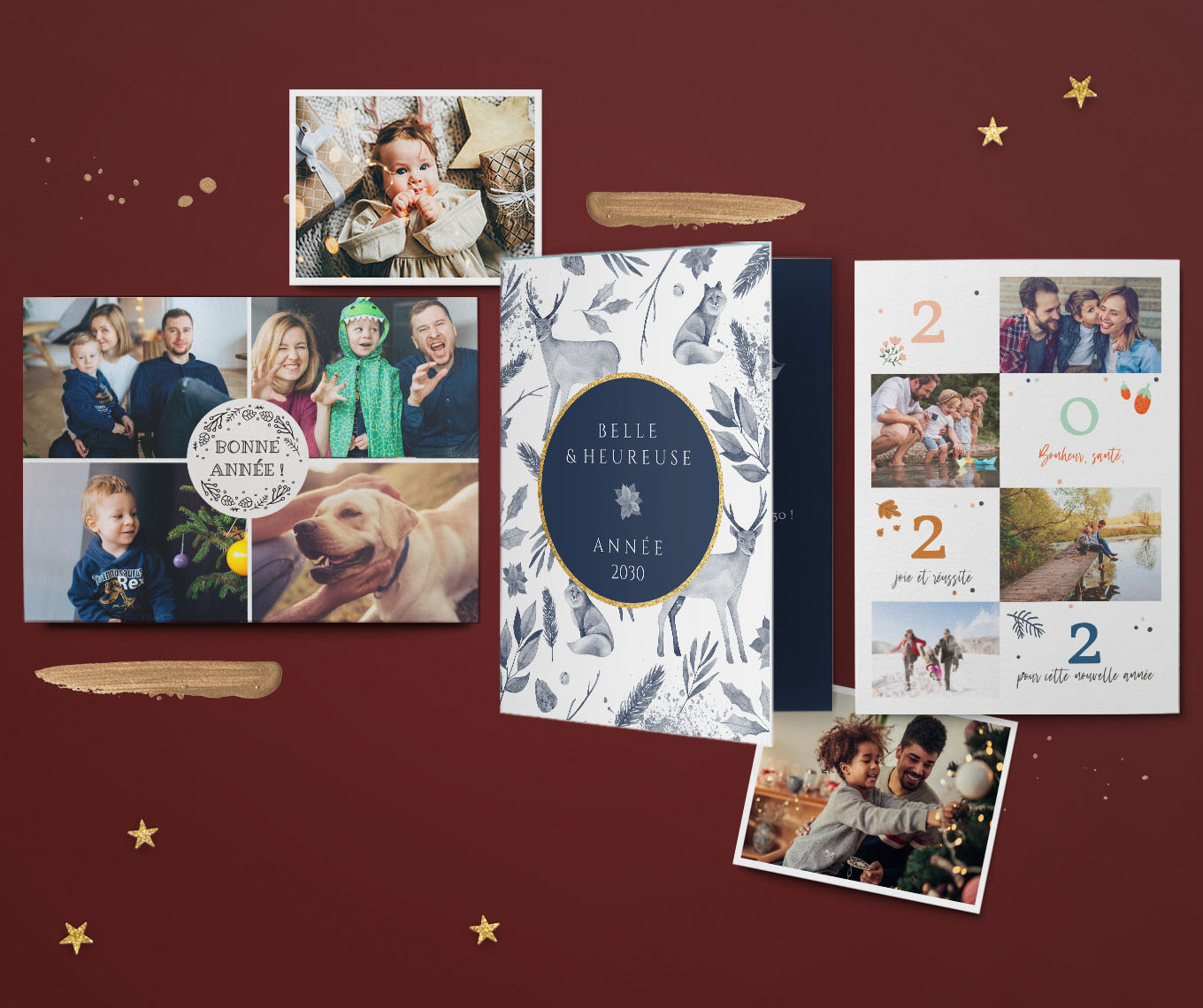 Trois cartes de voeux , personnalisées avec des photos de famille  ou ds motifs hivernaux.