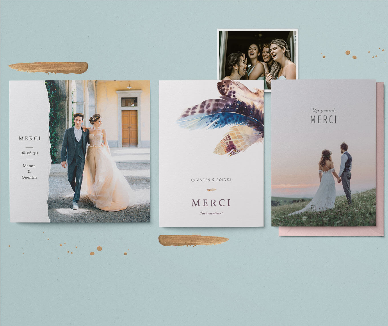 Trois cartes de remerciement mariage personnalisables avec des photos des mariés