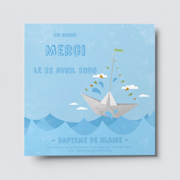 Carte de remerciement de baptême au petit bateau