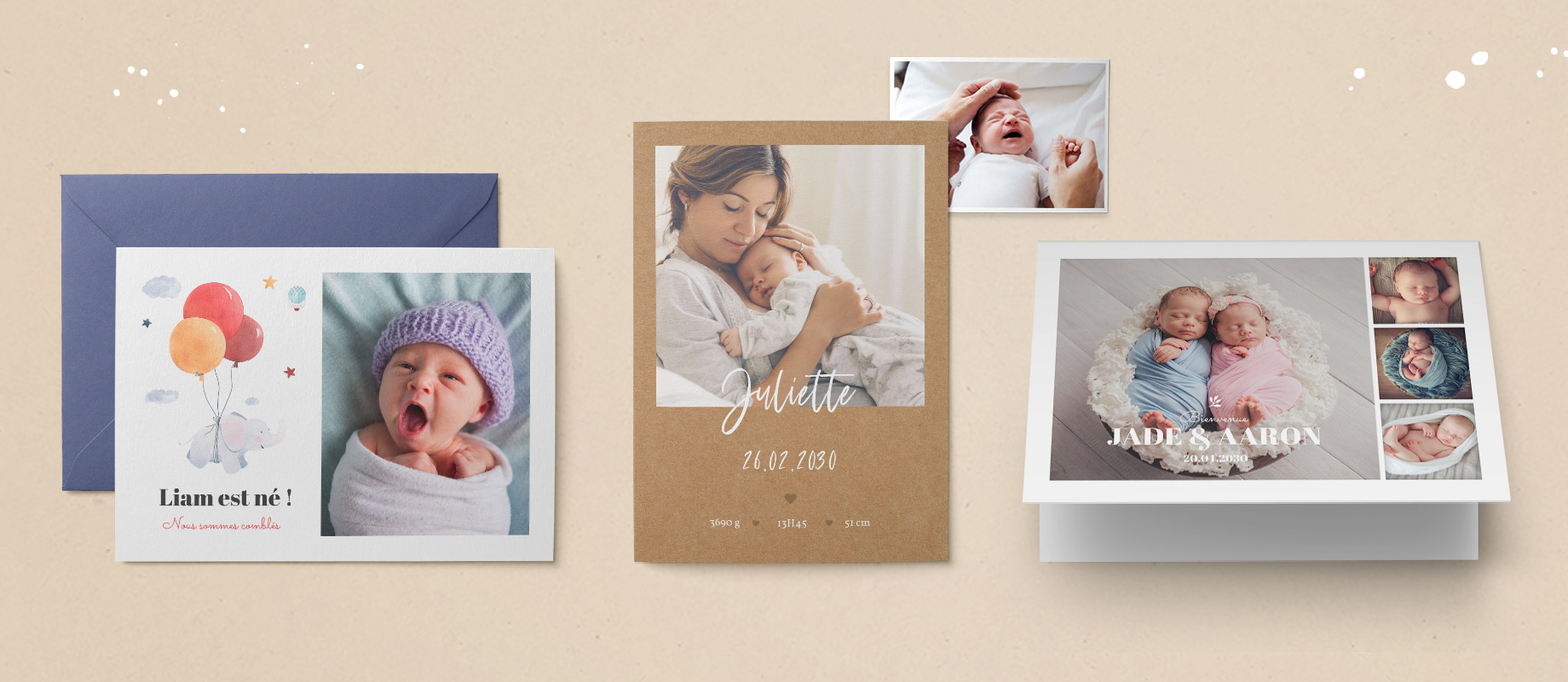 Trois faire-part de naissance sur papier blanc ou kraftt, personnalisé avec des photos de nouveaux nés et avec un petit éléphant.