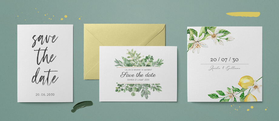 Trois cartes save the date classiques, feuillages ou avec des citrons