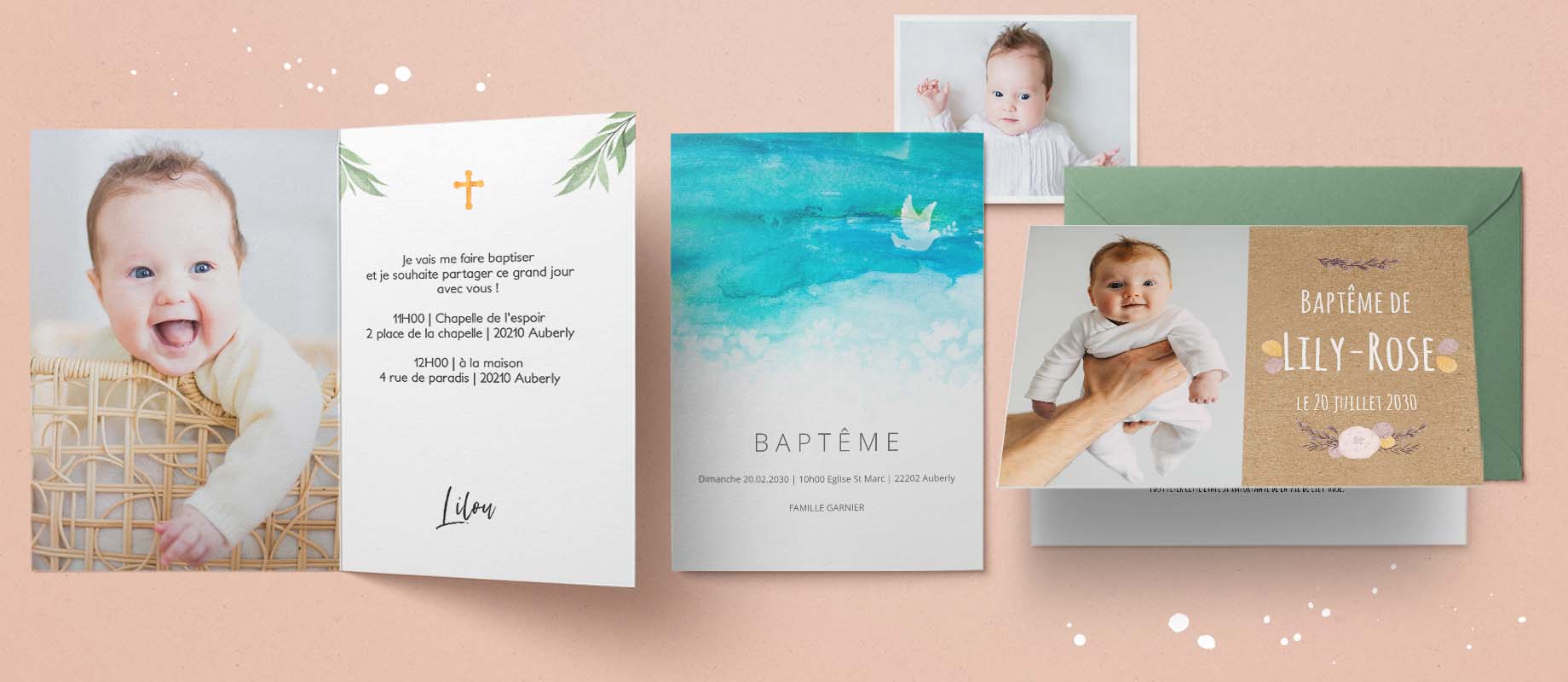 Trois cartes d'invitation baptême personnalisées avec des photos de bébé et des textes. 