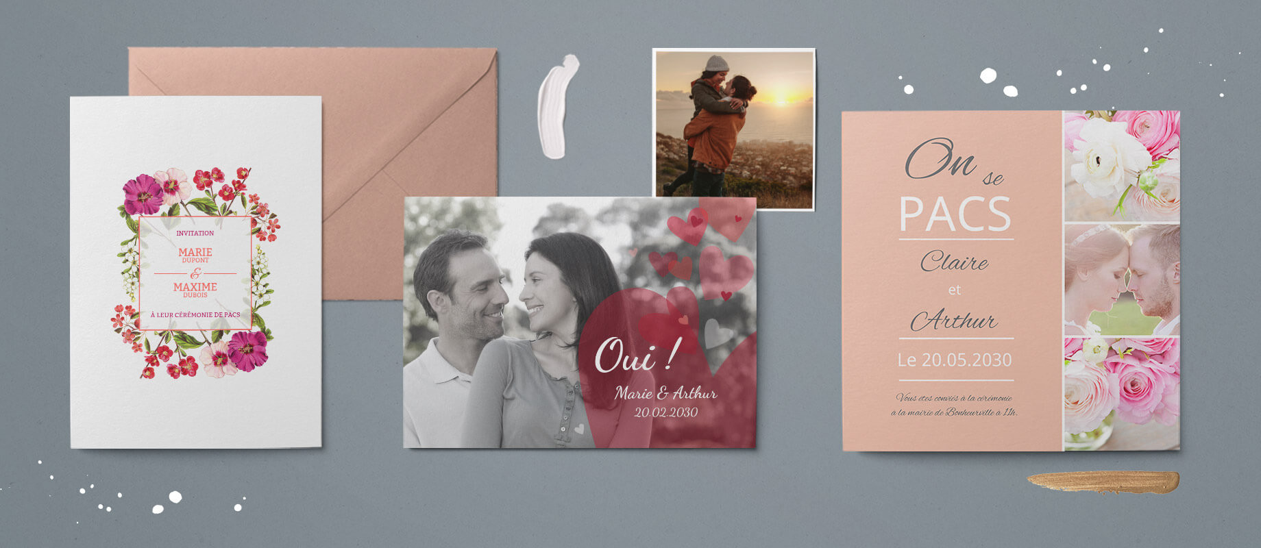 Trois cartes d'invitation à la célébration du PACS avec des motifs floraux, des coeurs et des photos de couples.
