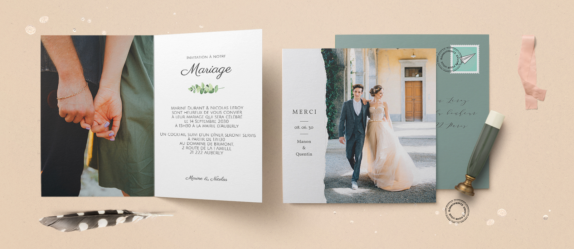 Des faire-part de mariage personnalisés avec des photos ainsi qu'une envelope adressée directement à son destinataire