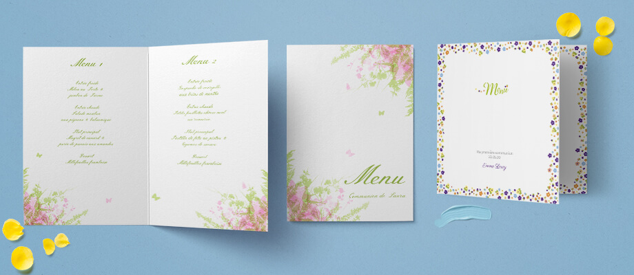 Deux cartes de menu communion aux motifs floraux colorés.