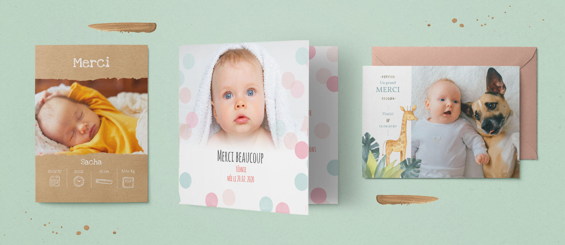 Trois cartes de remerciement naissance avec des animaux et sur papier kraft, personnalisées avec des photos de bébé