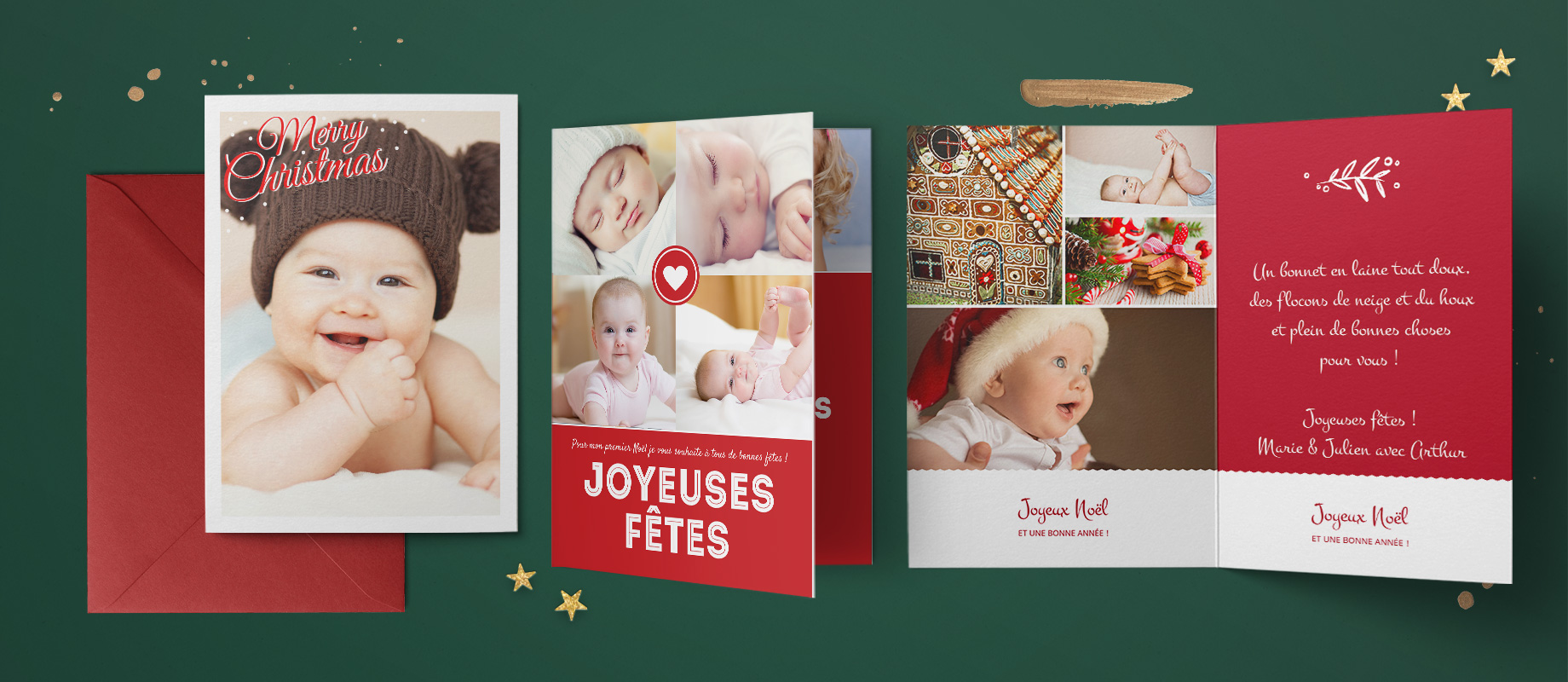 Trois cartes de Noël personnalisées avec des photos de bébé pour son premier Noël.