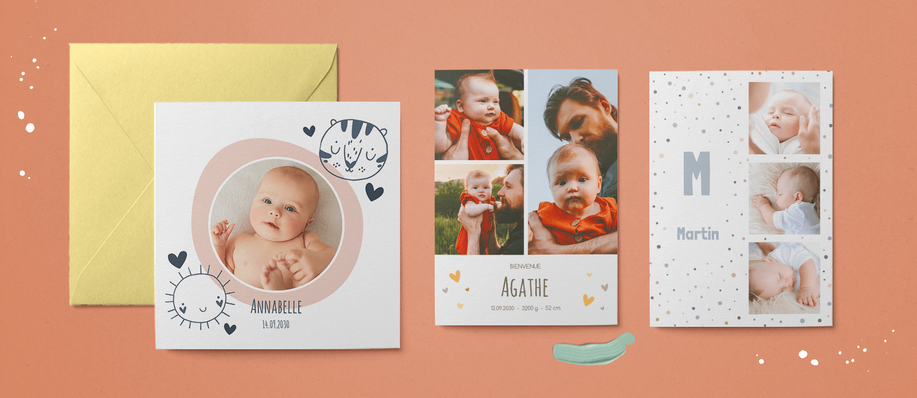 3 cartes de naissance avec photos de bébé et prénom.