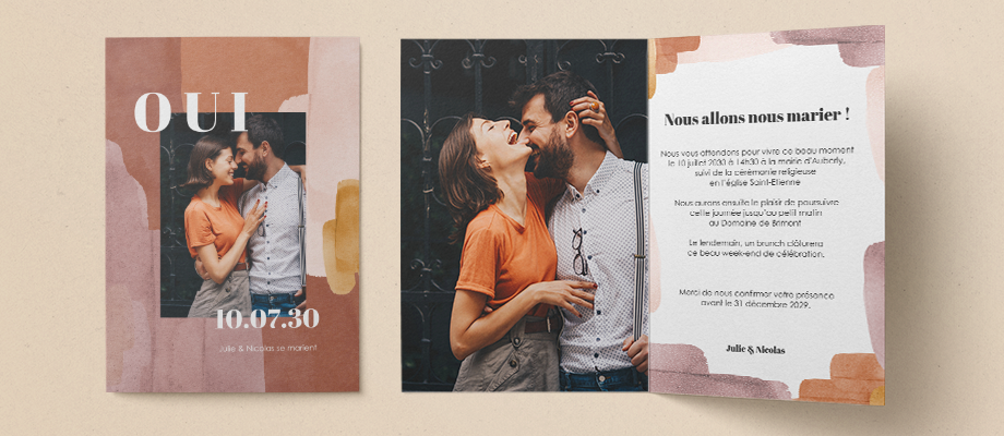 Faire-part mariage couleur ocre, personnalisé avec des photos et textes