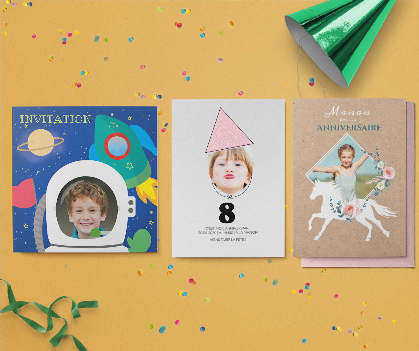 Trois cartes d'anniversaire enfant  colorées avec un astronaute, une fusée, un cheval et un chapeau d'anniversaire.