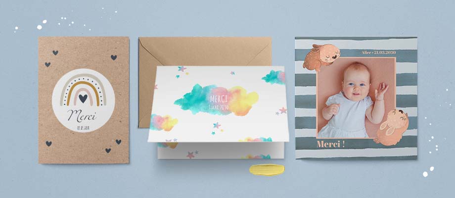 Trois cartes de remerciements naissance colorées et kraft avec des nuages, des coeurs et des animaux.