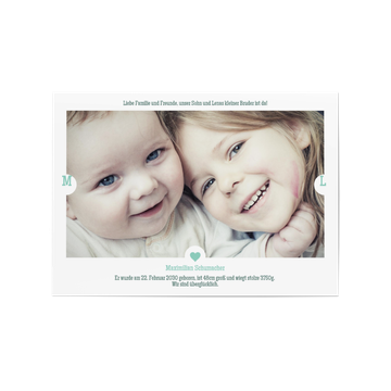 Fotokarten Baby mit Geschwistern, Kleines Herz in Türkis