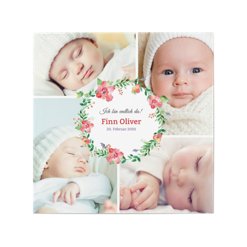 Fotokarten Baby mit Geschwistern, Blumenkranz in Rot