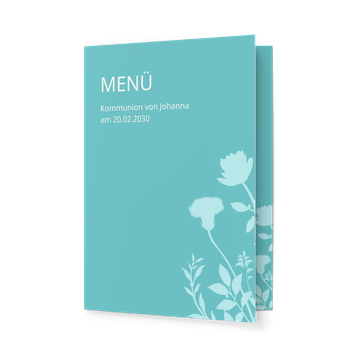 Menükarte  Kommunion, Blumenzierde in Blau