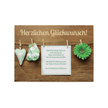 Grusskarten Geburt online bestellen, Wäscheleine in Grün