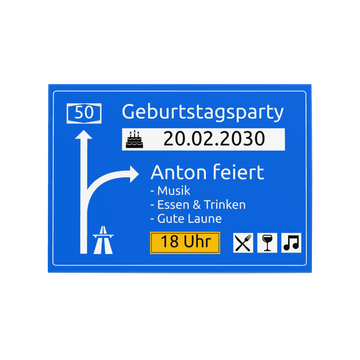 Einladungskarten 50. Geburtstag, Autobahnschild