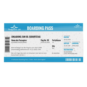 Einladungskarten 50. Geburtstag, Flugticket