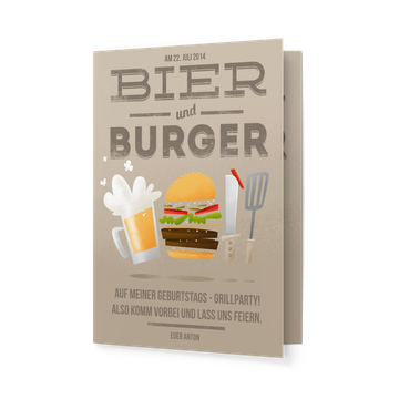 Einladungskarten Party, Bier und Burger in Braun