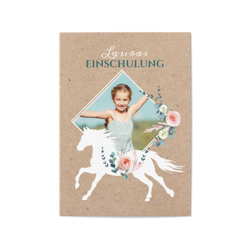Einladungskarten Einschulung, Blumenpferd