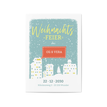 Einladung Weihnachtsfeier, Dorf im Schnee