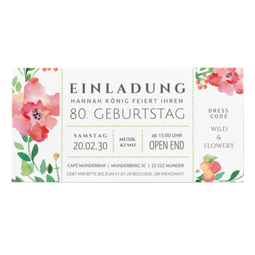 Einladungskarten 80. Geburtstag, Flower Ticket