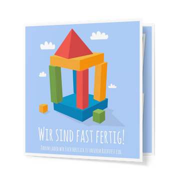 Einladung Richtfest, Holzbausteine in Hellblau