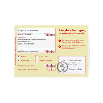 Einladung Ruhestand, Partybescheinigung