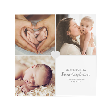 Baby Blanko Karten selbst gestalten, Quadrat - Drei Fotos - Herz