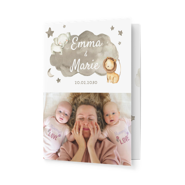 Geburtskarten für Zwillinge, Babylöwe & Babyelefant