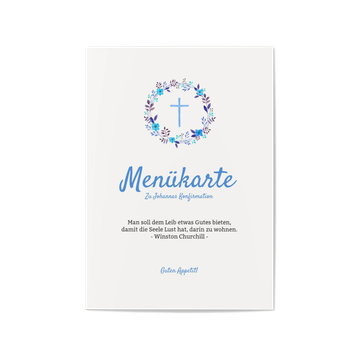 Menükarten Konfirmation, Floralkreis in Blau