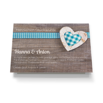 Glückwunschkarten Hochzeit, Herz aus Holz in Türkis